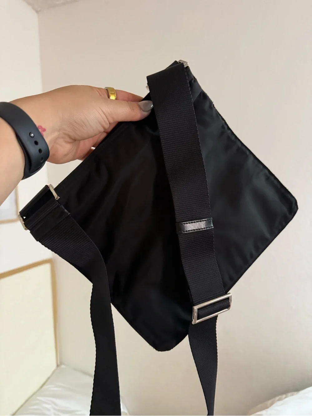 Prada Black Nylon Messenger Bag with Silver Logo Plaque